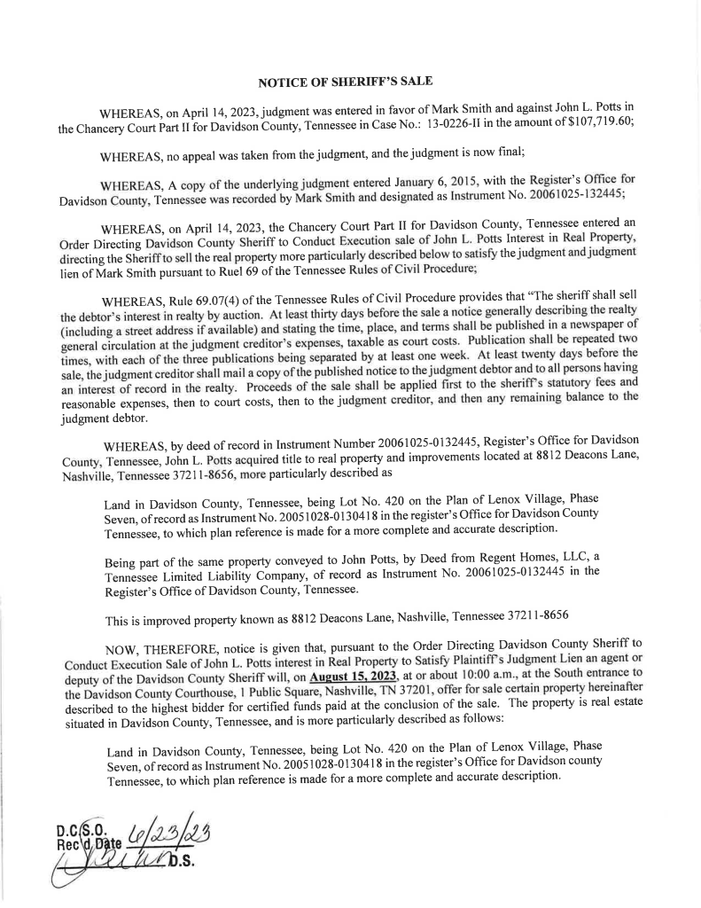 Sheriff’s Sales Davidson County Sheriff Nashville Tennessee