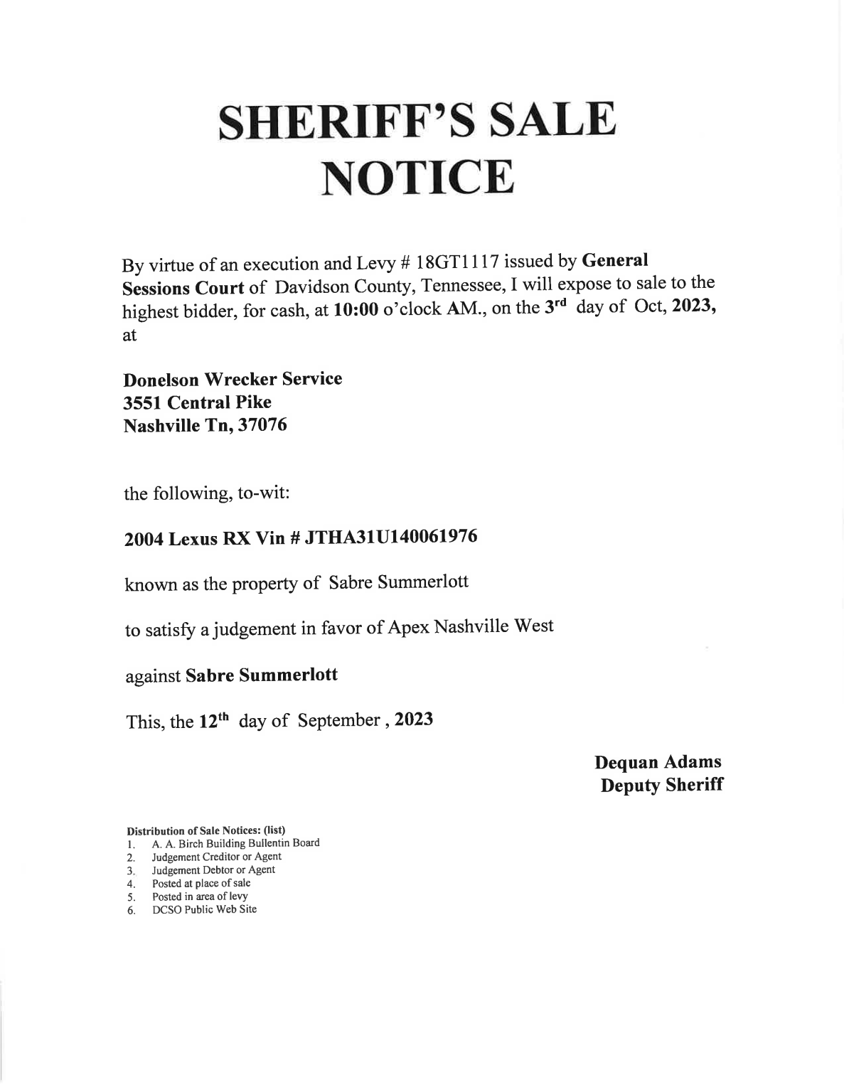 Sheriff’s Sales Davidson County Sheriff Nashville Tennessee