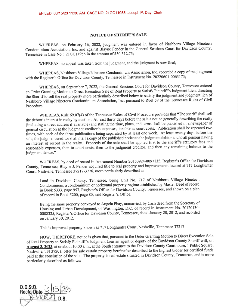 Sheriff’s Sales Davidson County Sheriff Nashville Tennessee