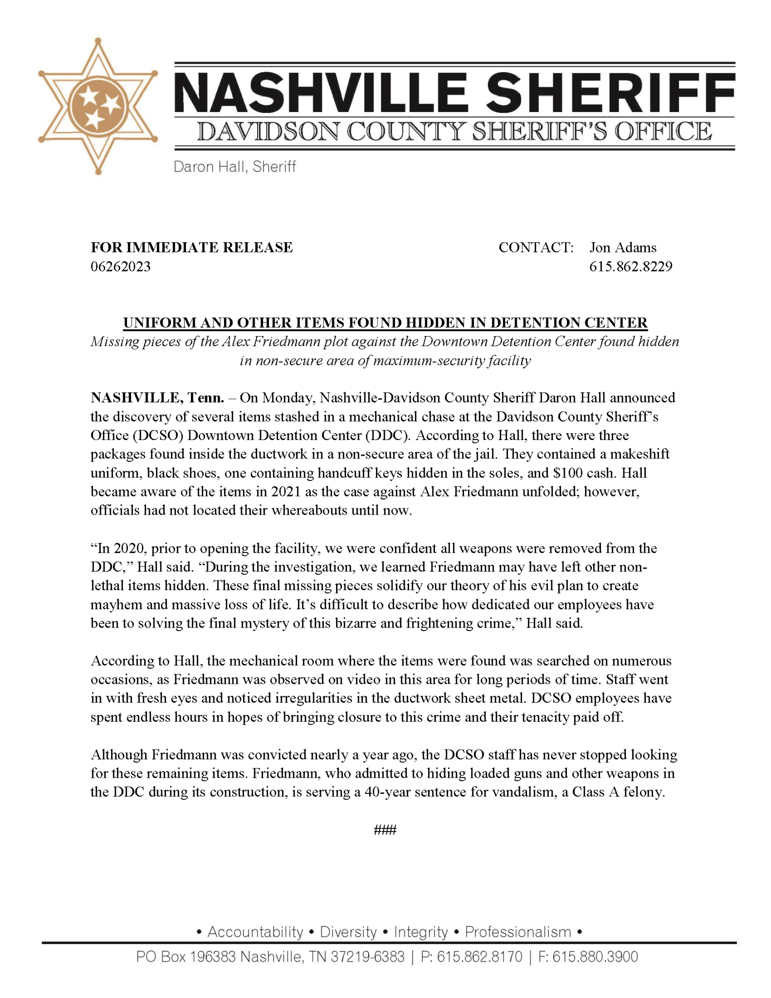 UNIFORM AND OTHER ITEMS FOUND HIDDEN IN DETENTION CENTER – Davidson ...